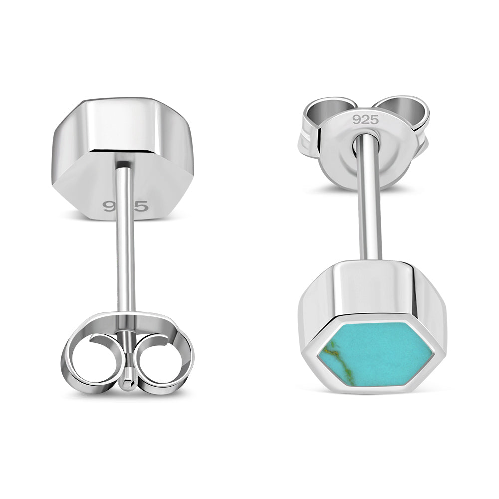 Turquoise Hexagon Silver Stud Earrings