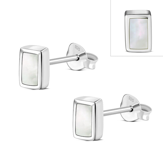Mother of Pearl Rectangle Silver Stud Earrings