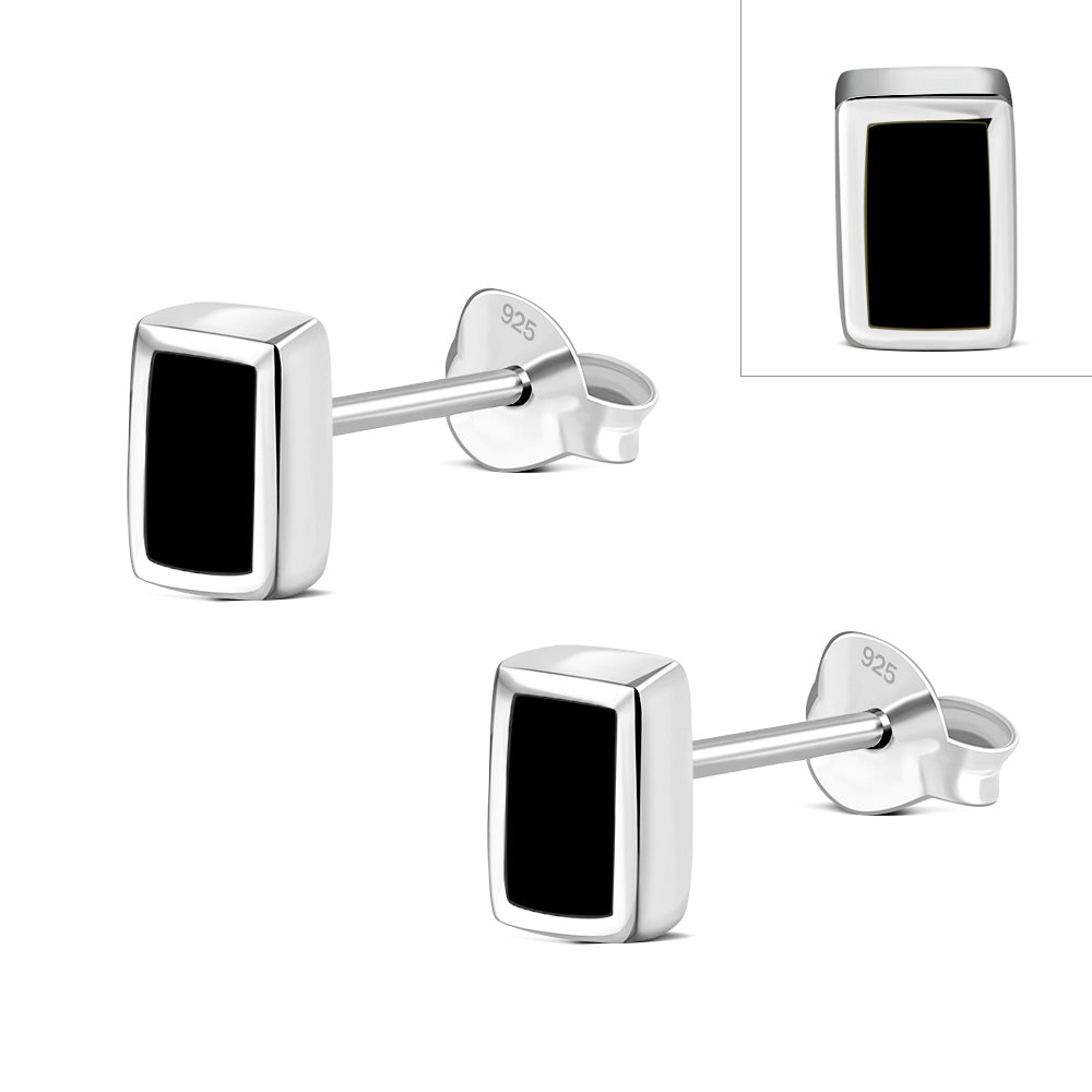 Black Onyx Rectangle Silver Stud Earrings
