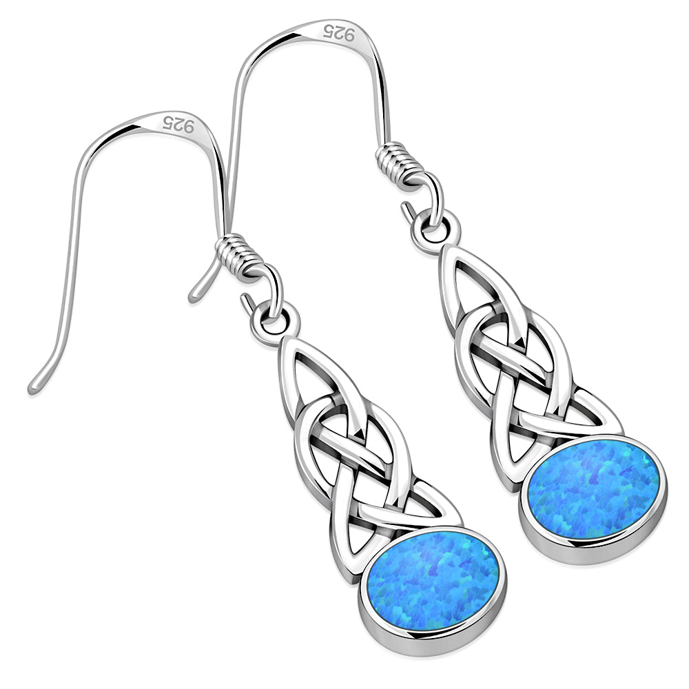 Synthetic Blue Opal Celtic Knot Silver Earrings
