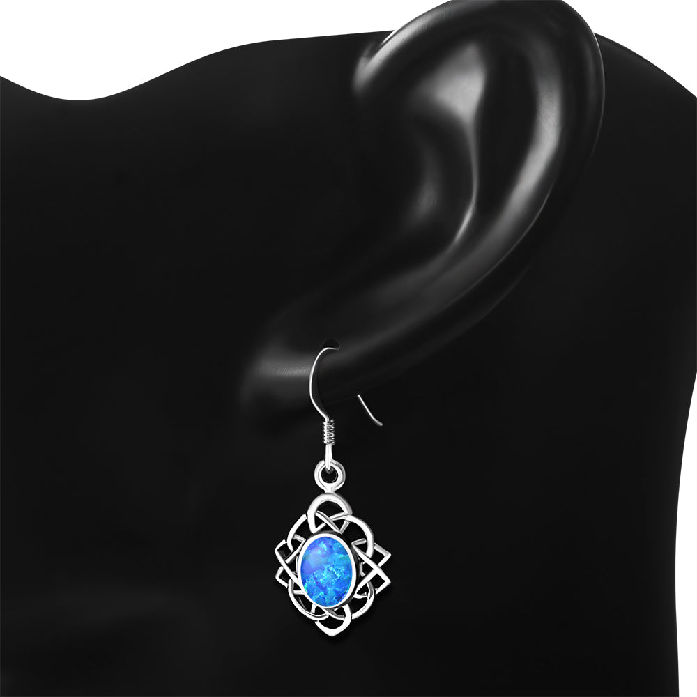 Synthetic Blue Opal Celtic Knot Oval Silver Earrings