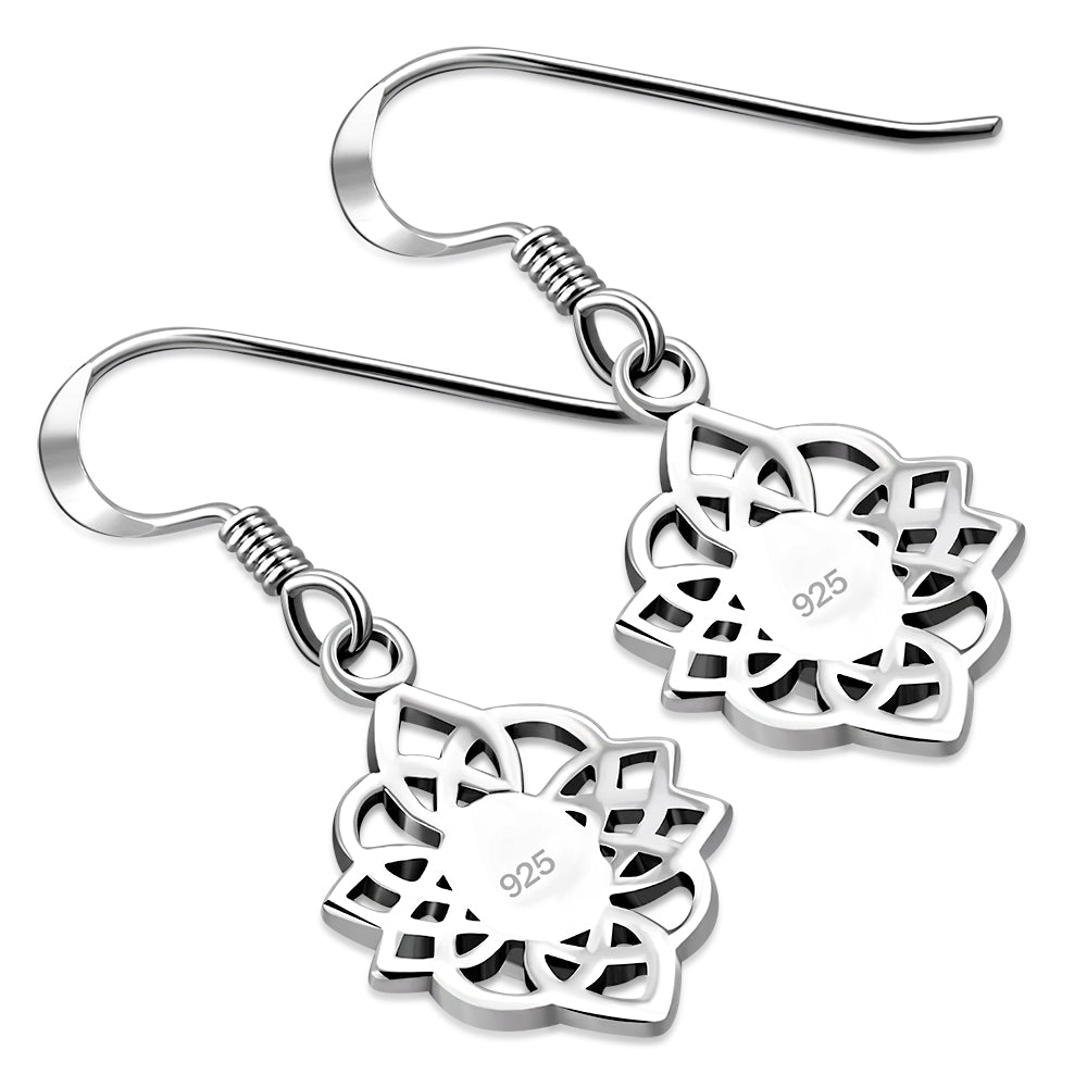 Synthetic Blue Opal Celtic Knot Oval Silver Earrings