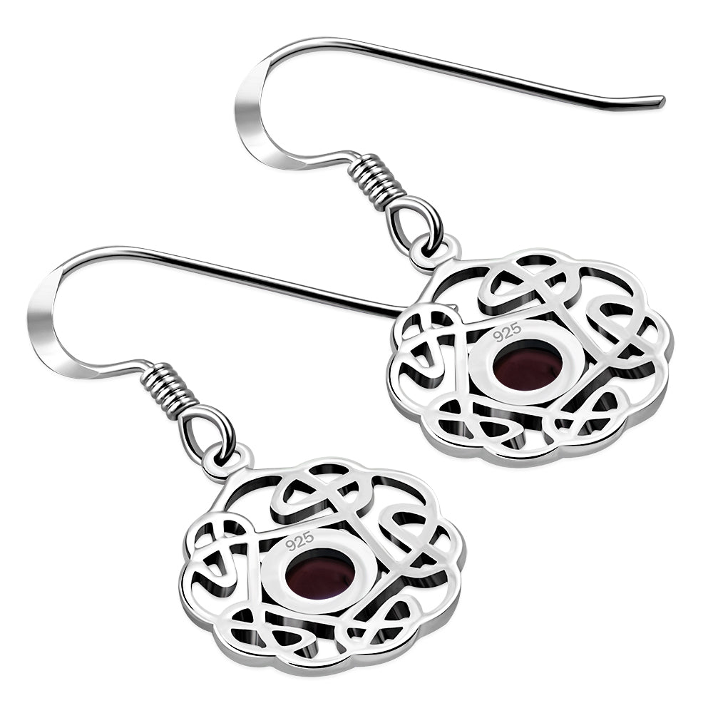 Garnet Round Celtic Knot Silver Earrings