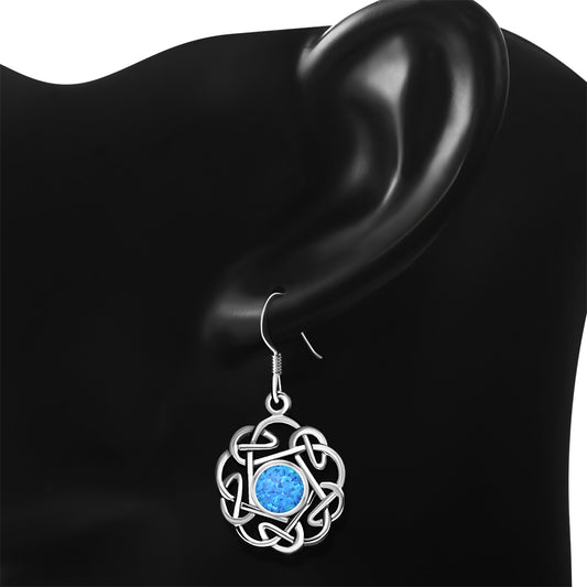 Synthetic Blue Opal Round Celtic Knot Silver Earrings