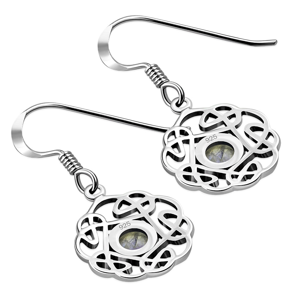 Rainbow Moonstone Round Celtic Knot Silver Earrings