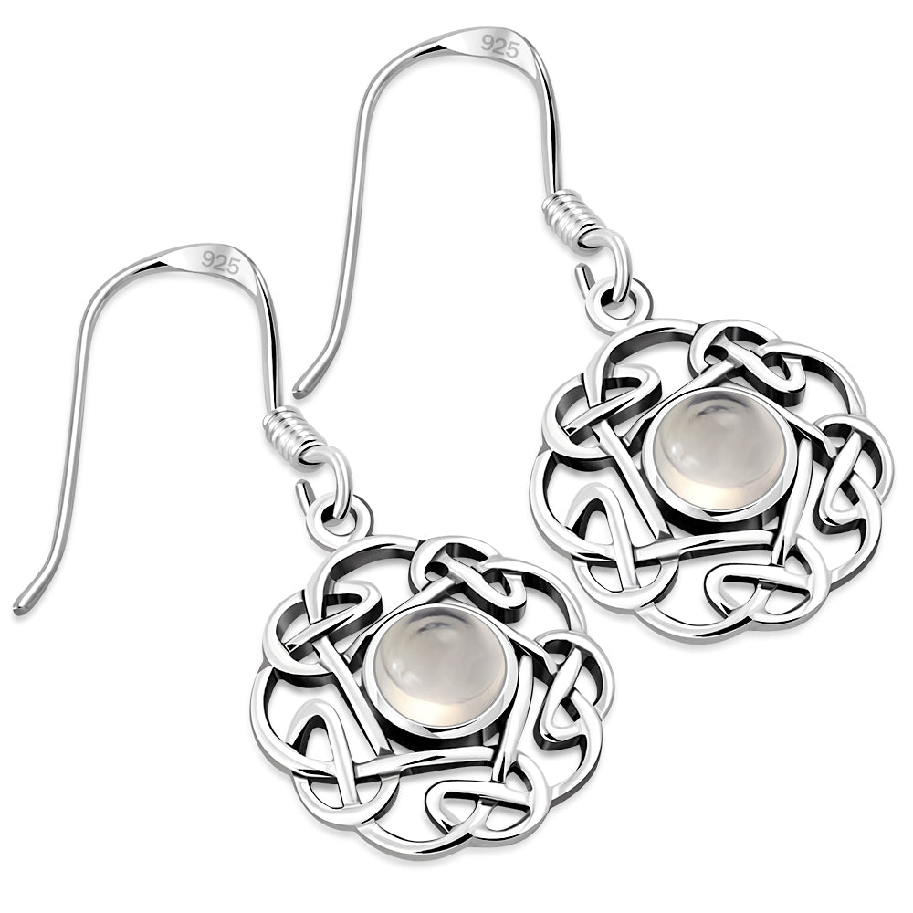 Rose Quartz Pink Stone Round Celtic Knot Silver Earrings