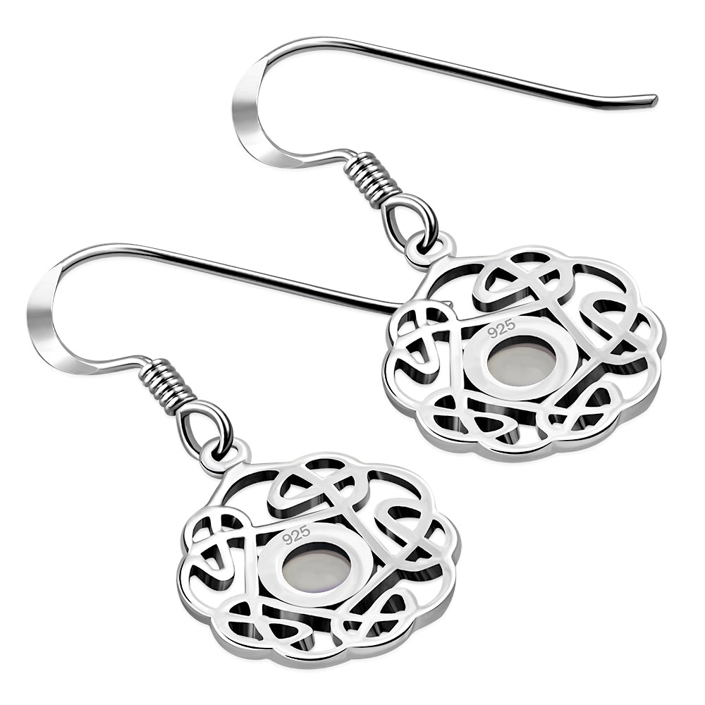 Rose Quartz Pink Stone Round Celtic Knot Silver Earrings