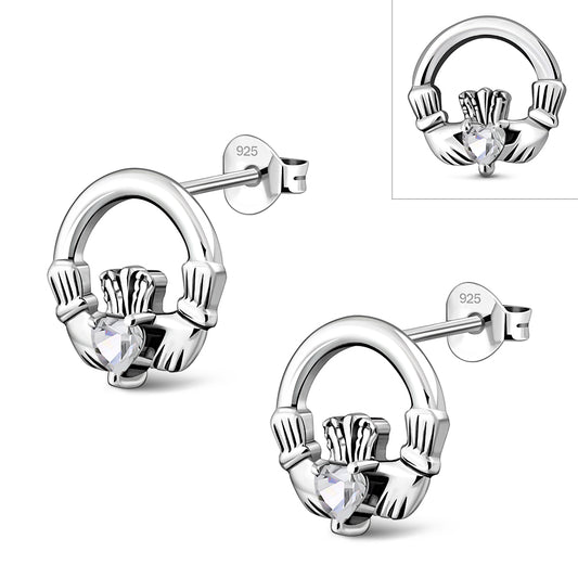 White CZ Claddagh Stud Sterling Silver Earrings