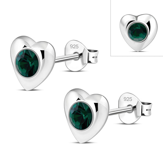Green Cubic Zirconia Heart Silver Stud Earrings