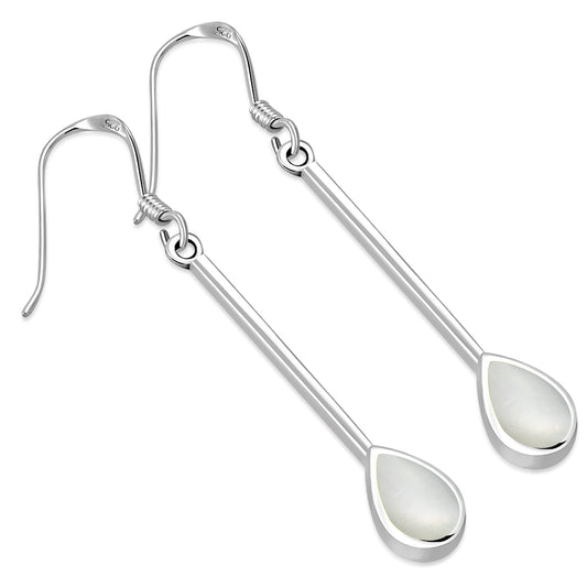 Mother of Pearl Drop Long Silver Earrings