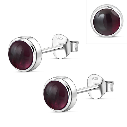 6.50mm | Garnet Stone Round Silver Stud Earrings