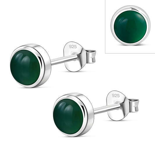 6.50mm | Green Agate Round Silver Stud Earrings