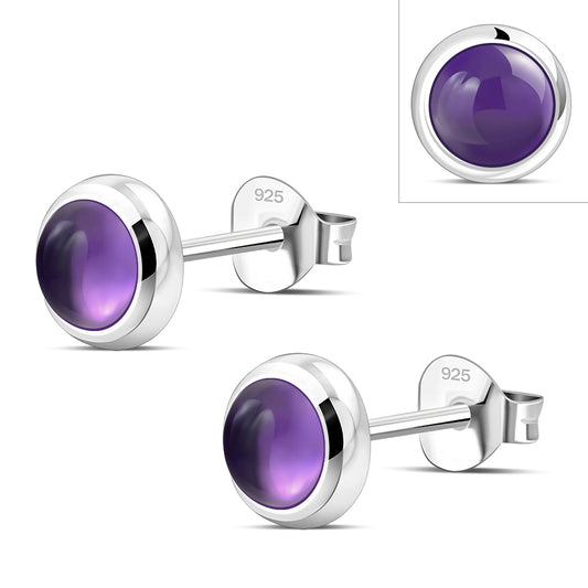 7.50mm | Amethyst Stone Round Sterling Silver Stud Earrings