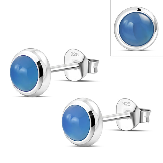7.50mm | Blue Agate Round Sterling Silver Stud Earrings