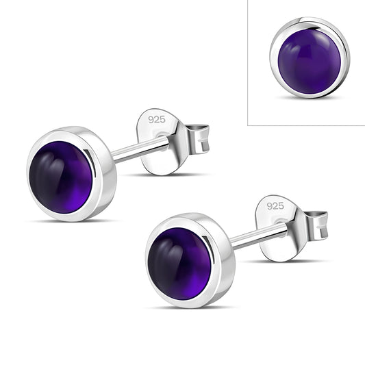 5.30mm | Amethyst Stone Round Sterling Silver Stud Earrings