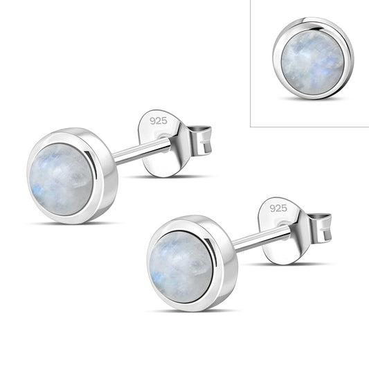 5.30mm | Rainbow Moonstone Round Sterling Silver Stud Earrings