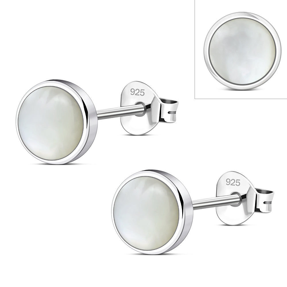 8.00mm | Mother of Pearl Simple Round Silver Stud Earrings