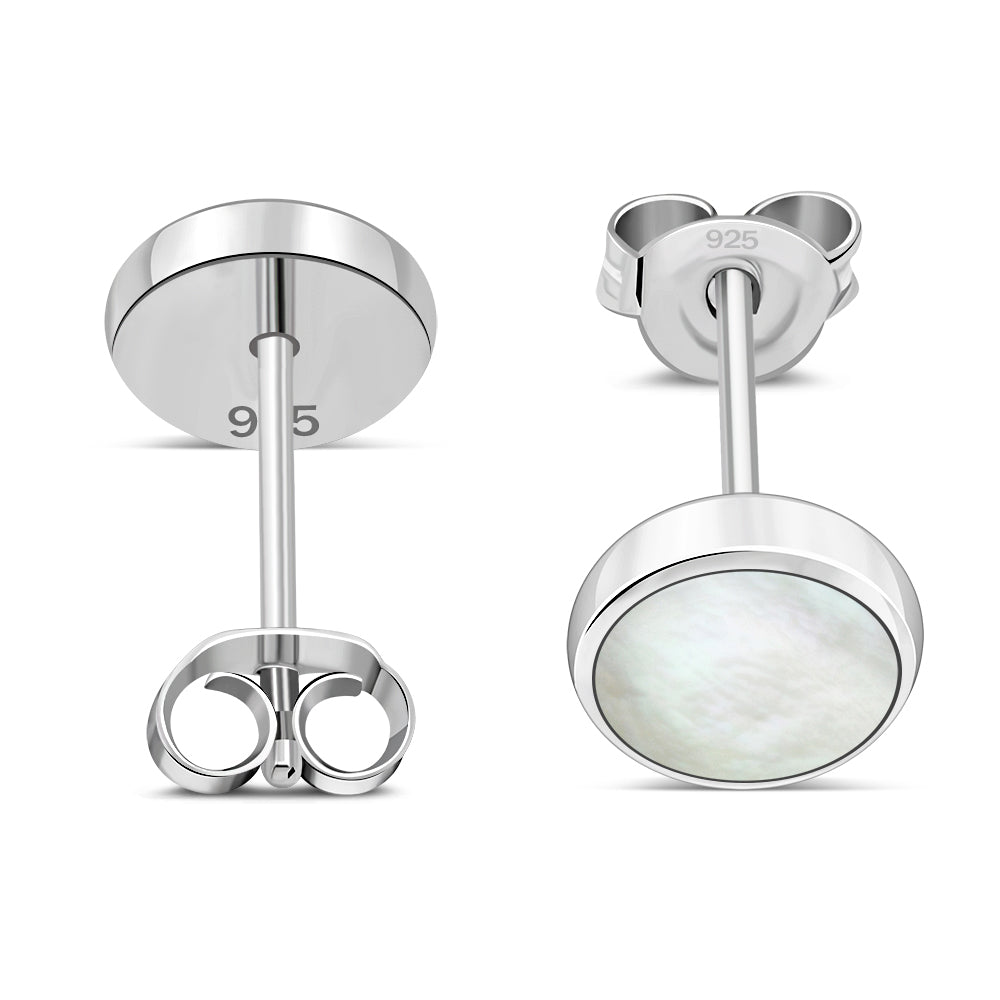 8.00mm | Mother of Pearl Simple Round Silver Stud Earrings