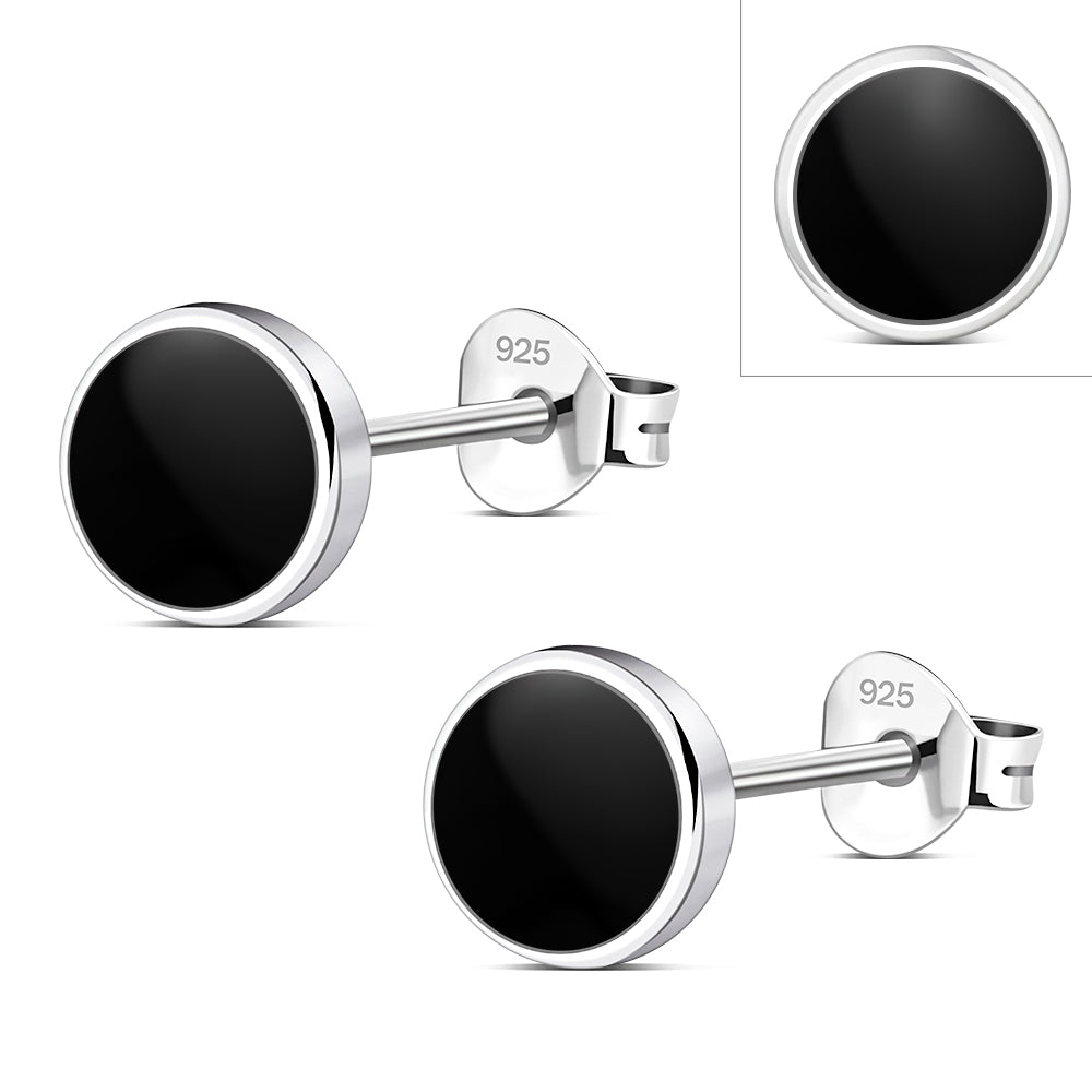 8.00mm | Black Onyx Simple Round Silver Stud Earrings