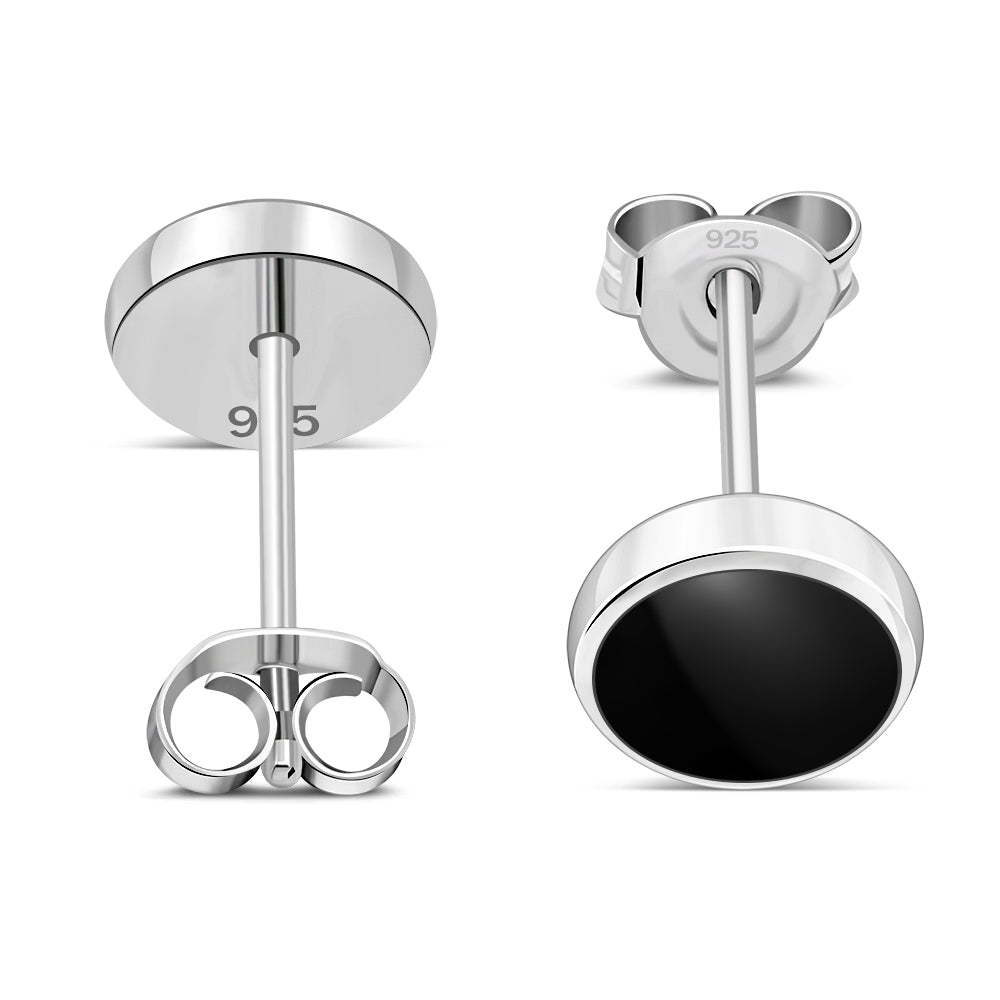 8.00mm | Black Onyx Simple Round Silver Stud Earrings
