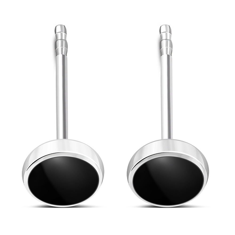 8.00mm | Black Onyx Simple Round Silver Stud Earrings