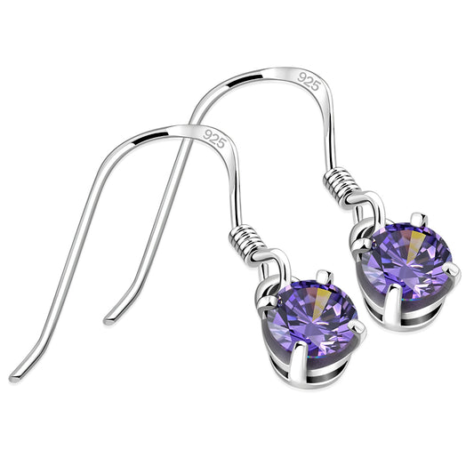 Amethyst CZ Round Sterling Silver Dangling Earrings