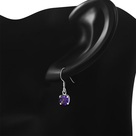 Amethyst CZ Round Sterling Silver Dangling Earrings