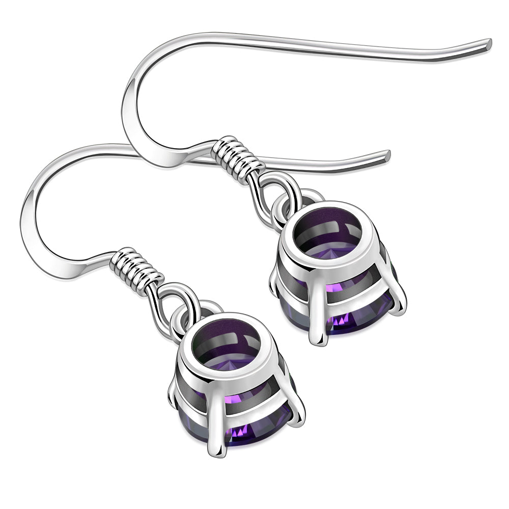 Amethyst CZ Round Sterling Silver Dangling Earrings