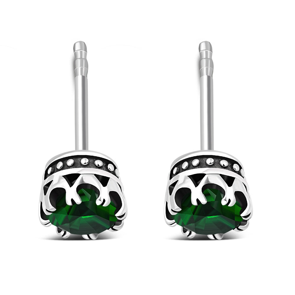 Vintage Royal Crown Ethnic Emerald Green CZ Sterling Silver Stud Earrings