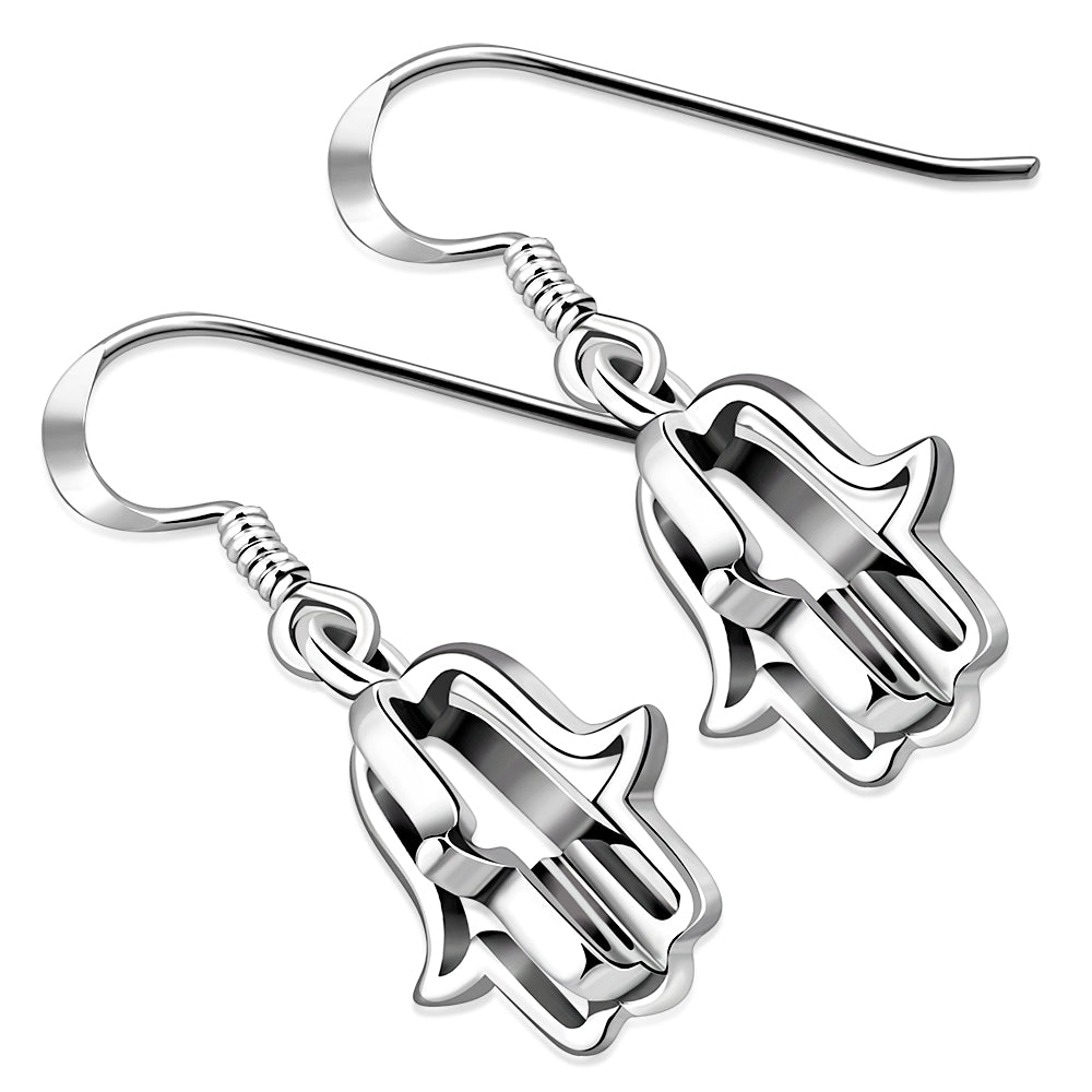3D Hand Of Fatima Hamsa Sterling Silver Dangle Drop Hook Earrings