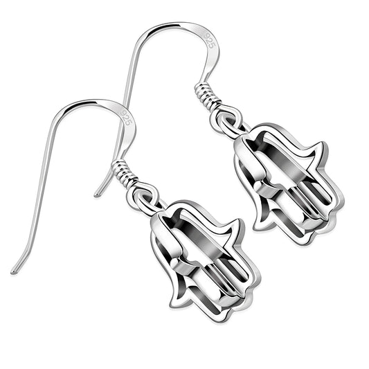 3D Hand Of Fatima Hamsa Sterling Silver Dangle Drop Hook Earrings