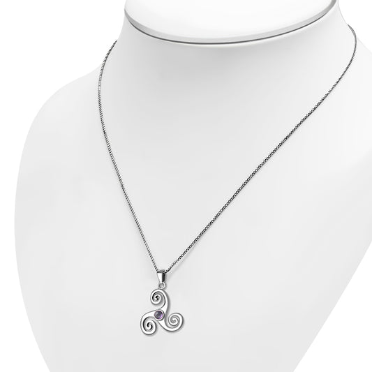 Amethyst Triskele Triskelion Triple Archimedean Spiral Celtic Silver Pendant