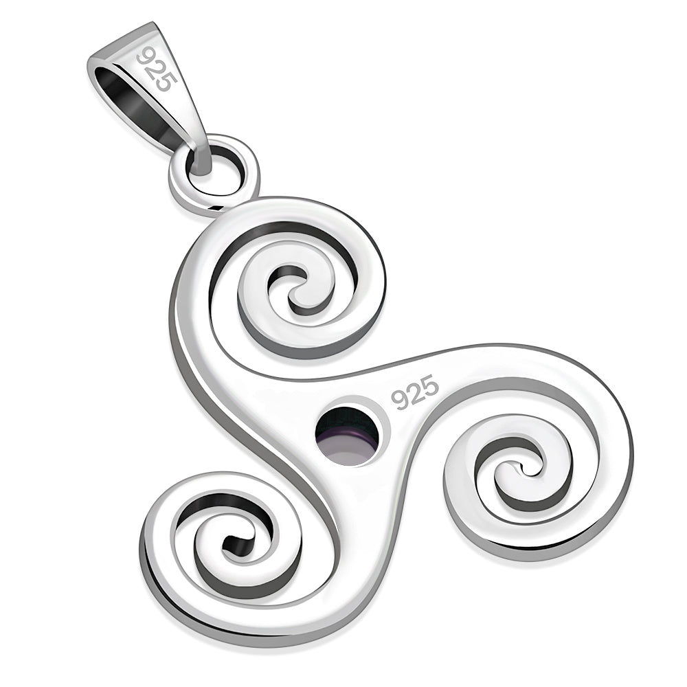 Amethyst Triskele Triskelion Triple Archimedean Spiral Celtic Silver Pendant