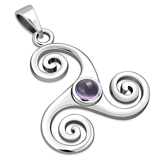 Amethyst Triskele Triskelion Triple Archimedean Spiral Celtic Silver Pendant