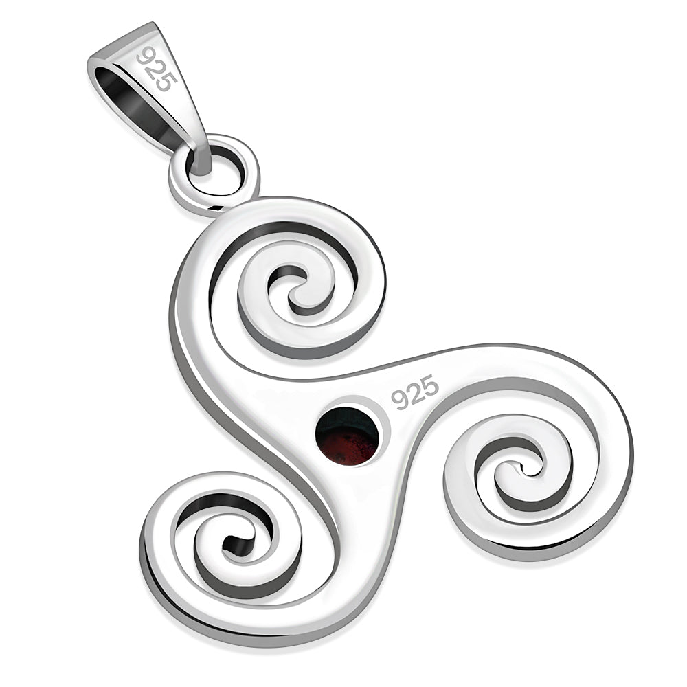 Garnet Triskele Triskelion Triple Archimedean Spiral Celtic Silver Pendant