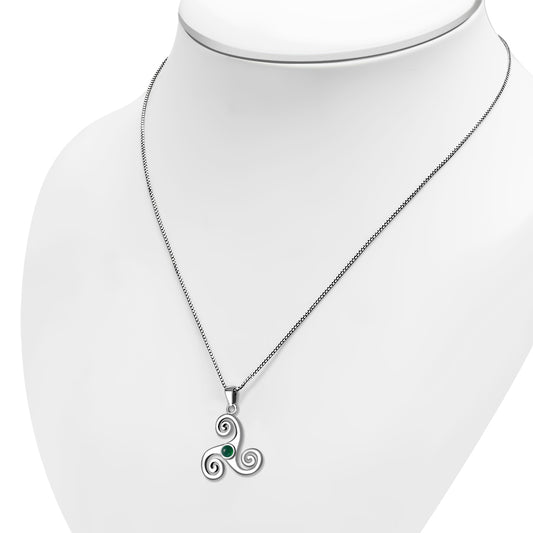 Green Agate Triskele Triskelion Triple Archimedean Spiral Celtic Silver Pendant