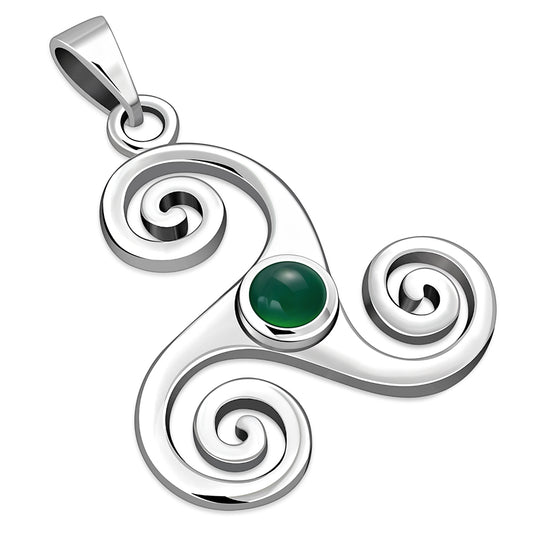 Green Agate Triskele Triskelion Triple Archimedean Spiral Celtic Silver Pendant