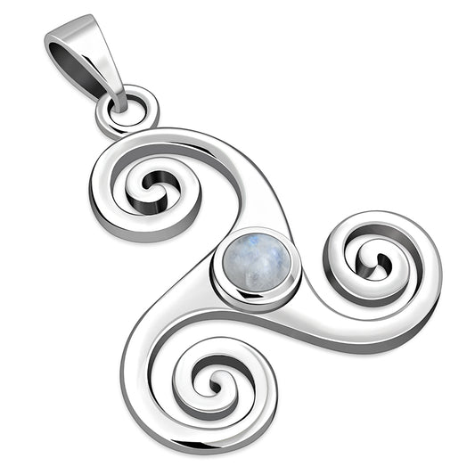 Rainbow Moonstone Triskele Triskelion Triple Archimedean Spiral Celtic Silver Pendant