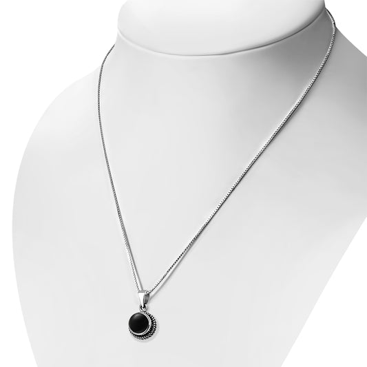Black Onyx Round Milgrain Edge Silver Pendant