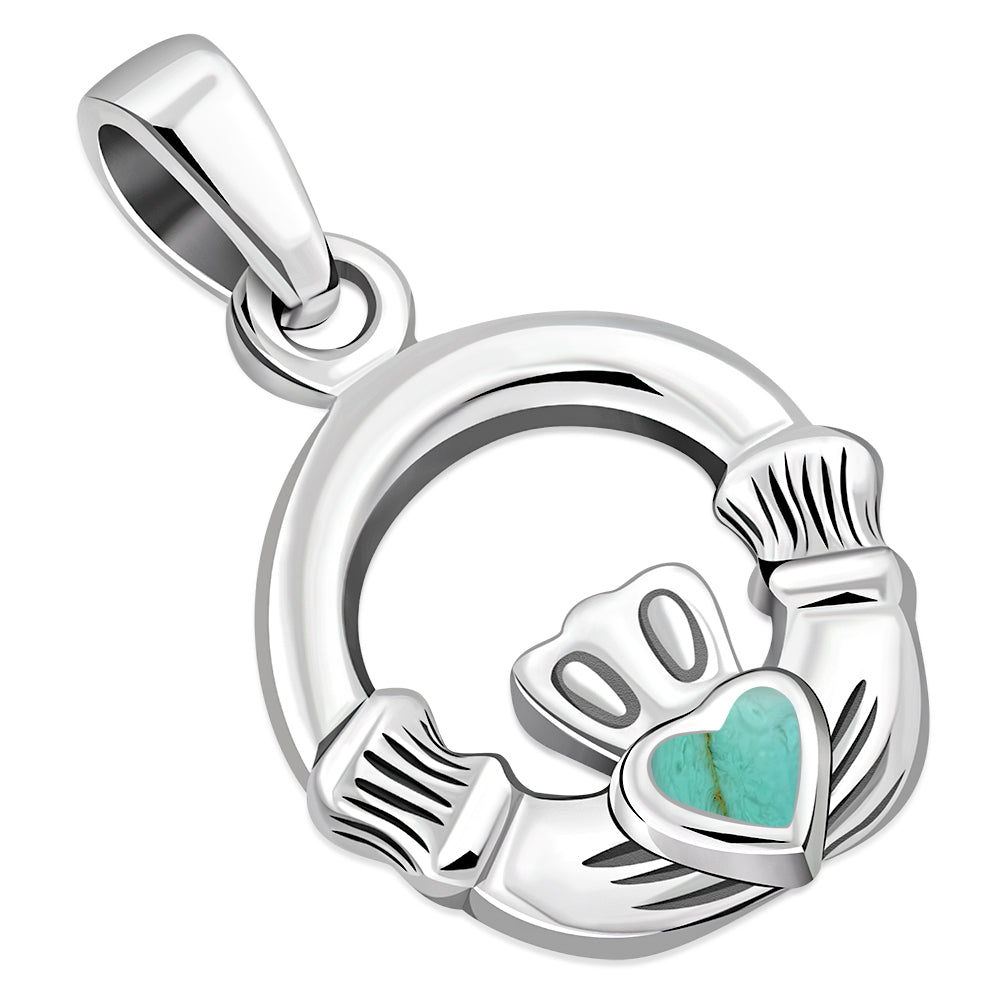 Tiny Claddagh Silver Pendant w/ Turquoise
