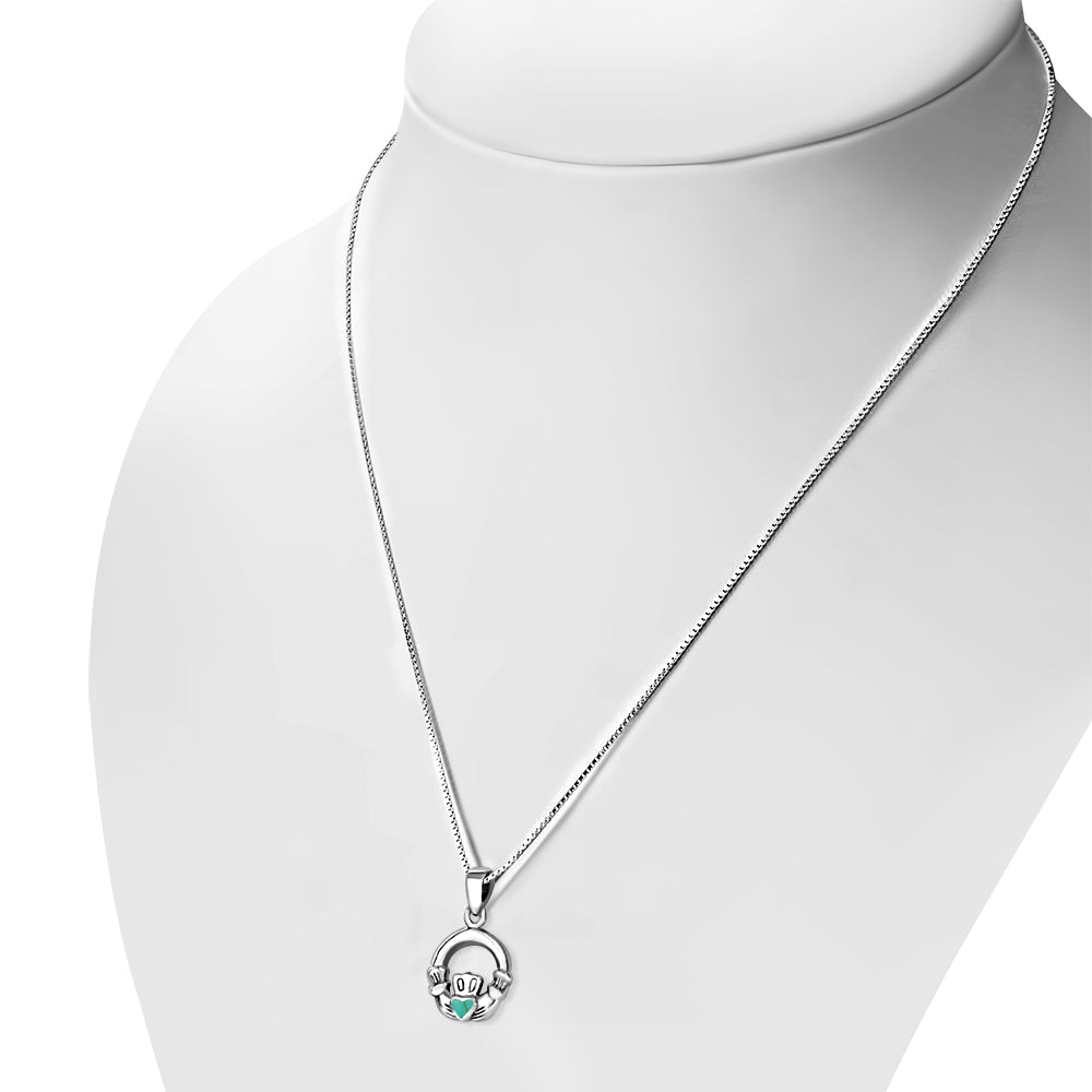 Tiny Claddagh Silver Pendant w/ Turquoise