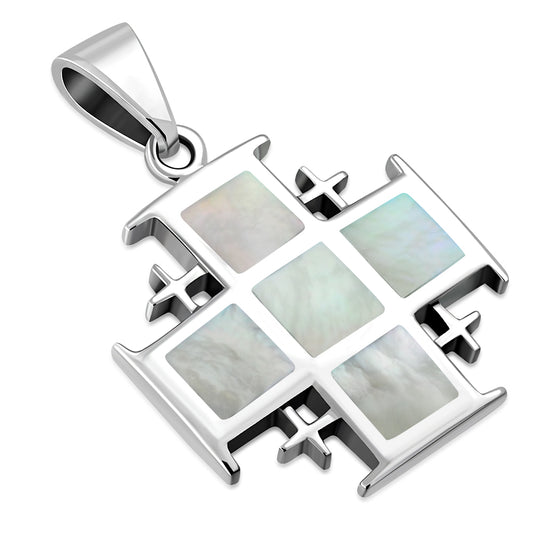 Mother of Pearl Jerusalem Cross Silver Pendant