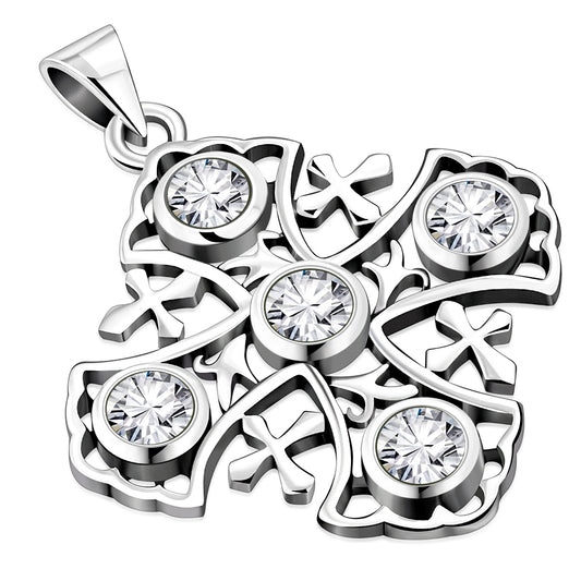 Jerusalem Cross Silver Pendant set w/ Clear CZ
