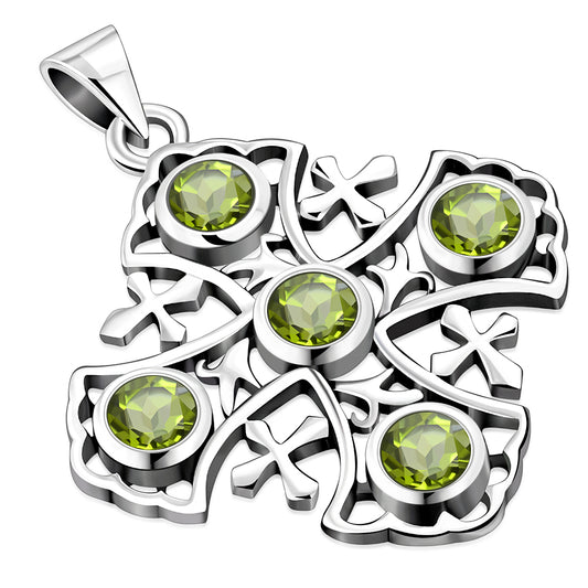 Large Peridot Stone Jerusalem Cross Silver Pendant