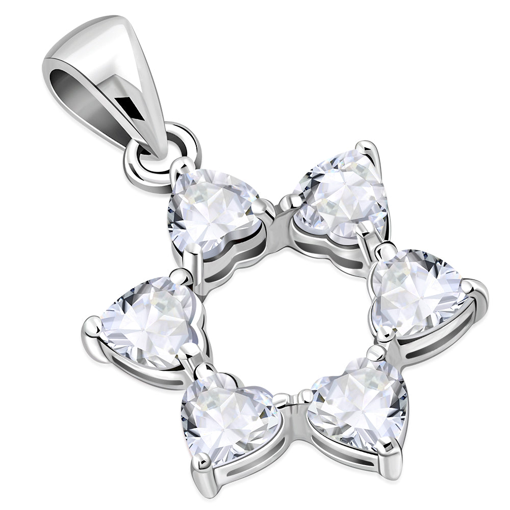 Heart Shape Clear CZ Star David Silver Pendant