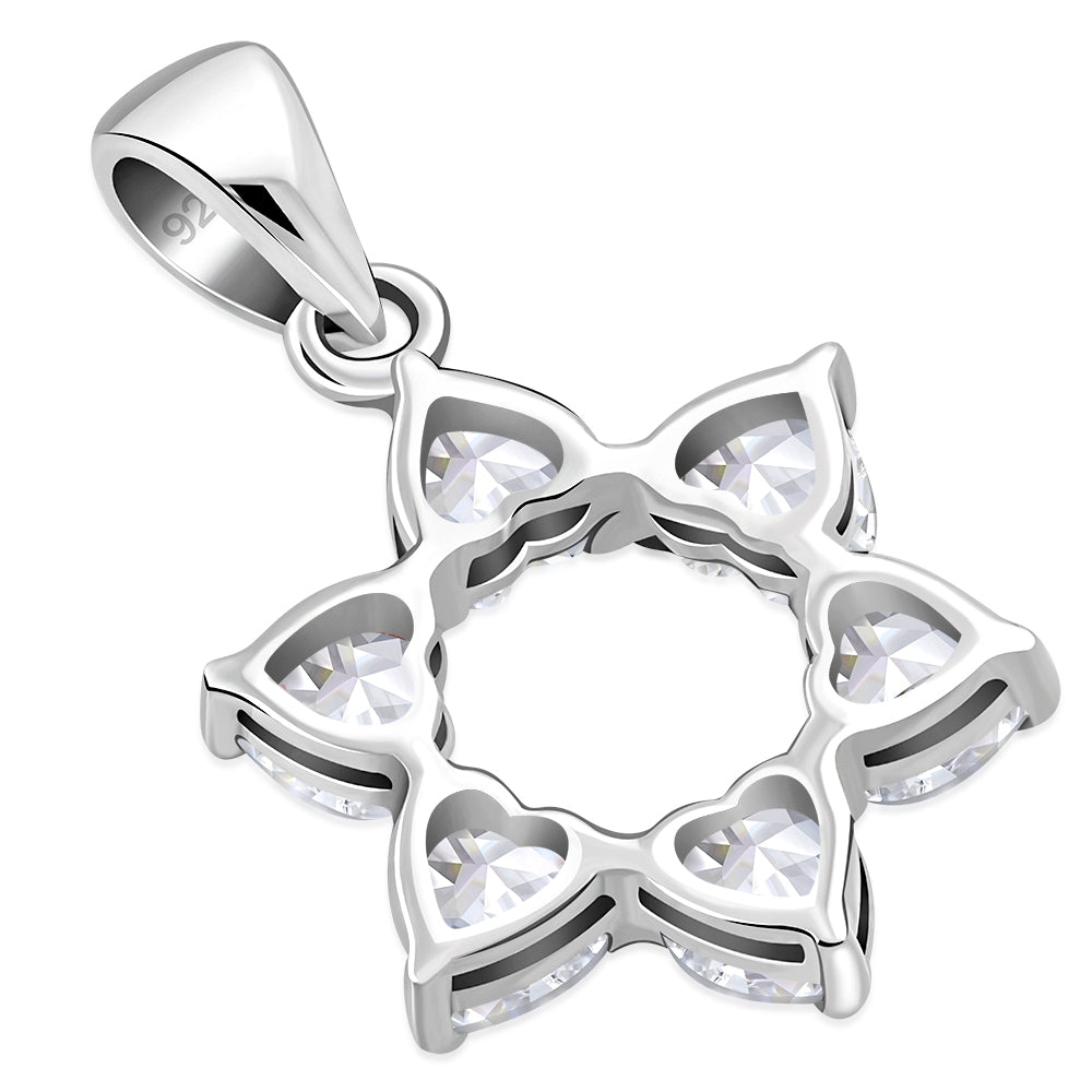 Heart Shape Clear CZ Star David Silver Pendant