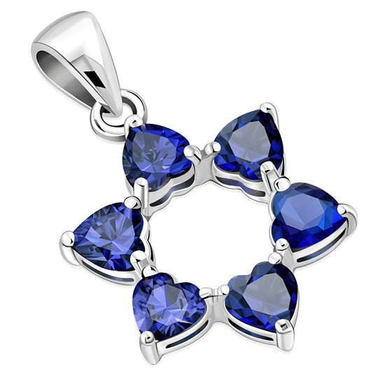 Heart Shape Blue CZ Star of David Silver Pendant