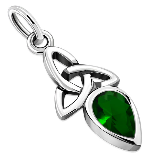Tiny Celtic Green CZ Trinity Knot Silver Pendant