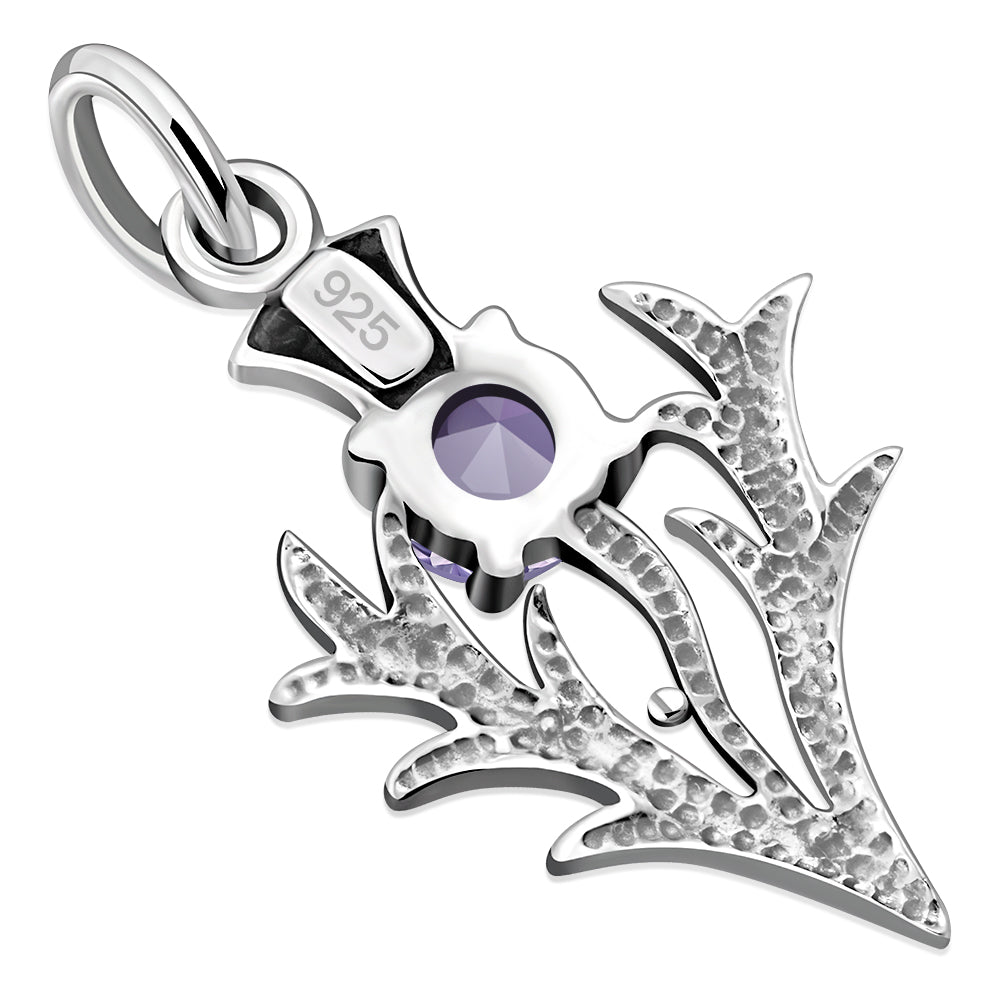 Tiny Silver Scottish Thistle Pendant set w/ Faceted Amethyst Stone