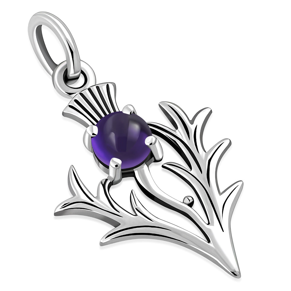 Tiny Silver Scottish Thistle Pendant set w/ Amethyst Cabochon